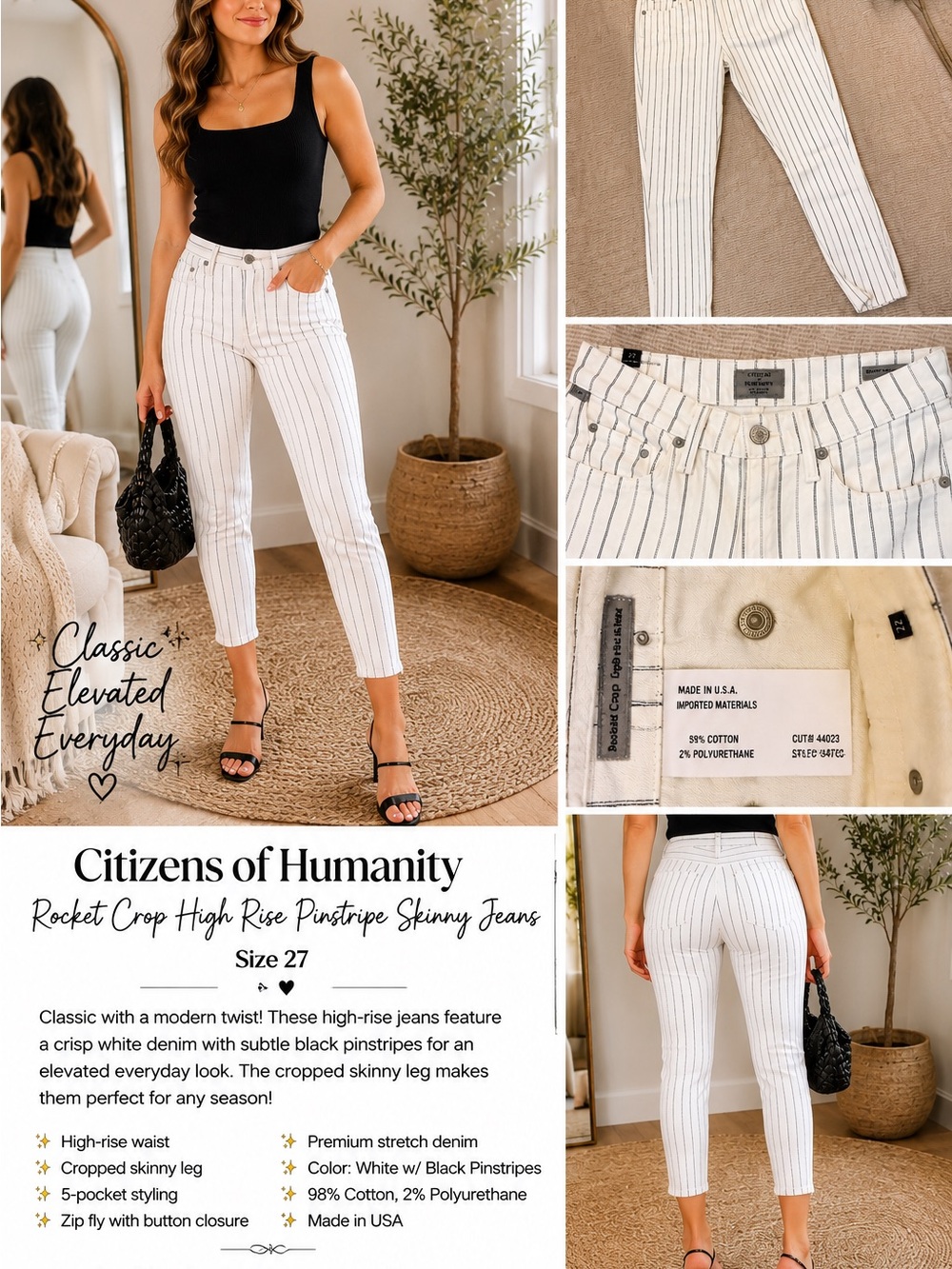 Citizens of Humanity White Jeans with Black Pinstripes - Rocket Crop